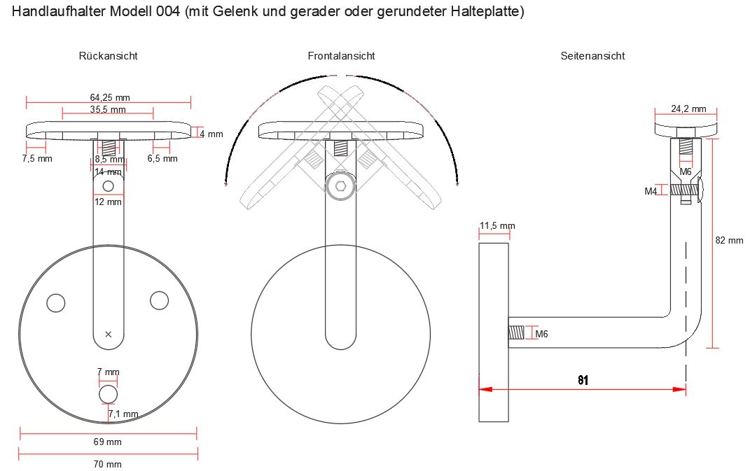 Handlaufhalter 04 Edelstahl, einstellbare gerundete Halteplatte Zeichnung