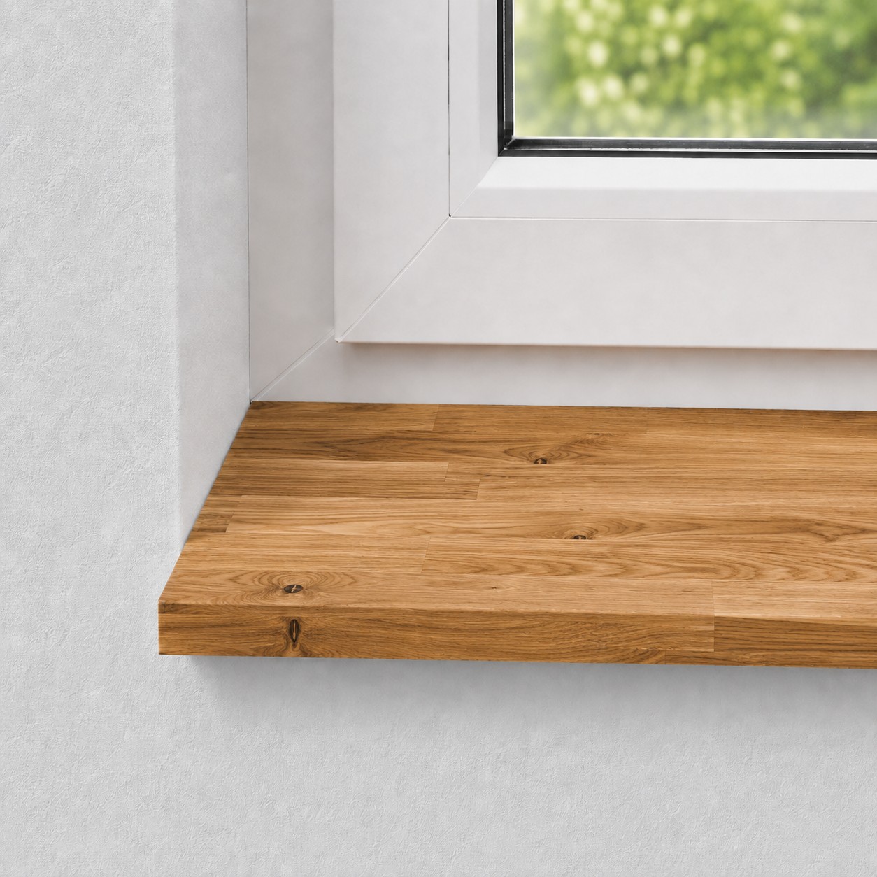 Fensterbank aus massiver, rustikaler Wildeiche mit keilgezinkten Lamellen