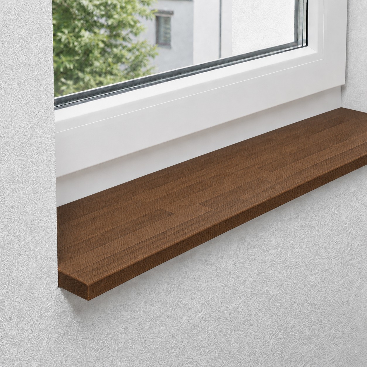 Fensterbank aus massiver, gedämpfter Buche mit keilgezinkten Lamellen