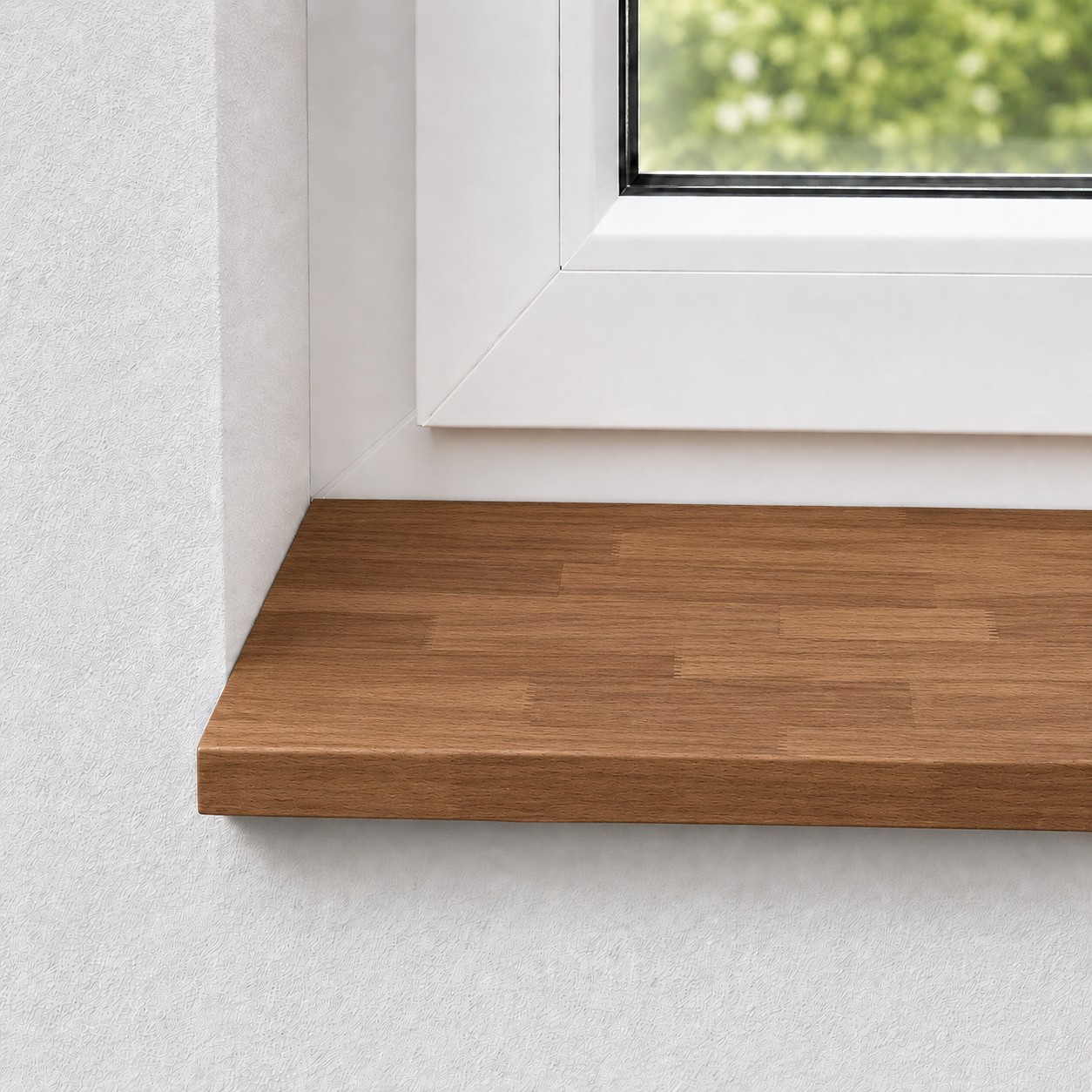Fensterbank aus massiver, gedämpfter Buche mit keilgezinkten Lamellen