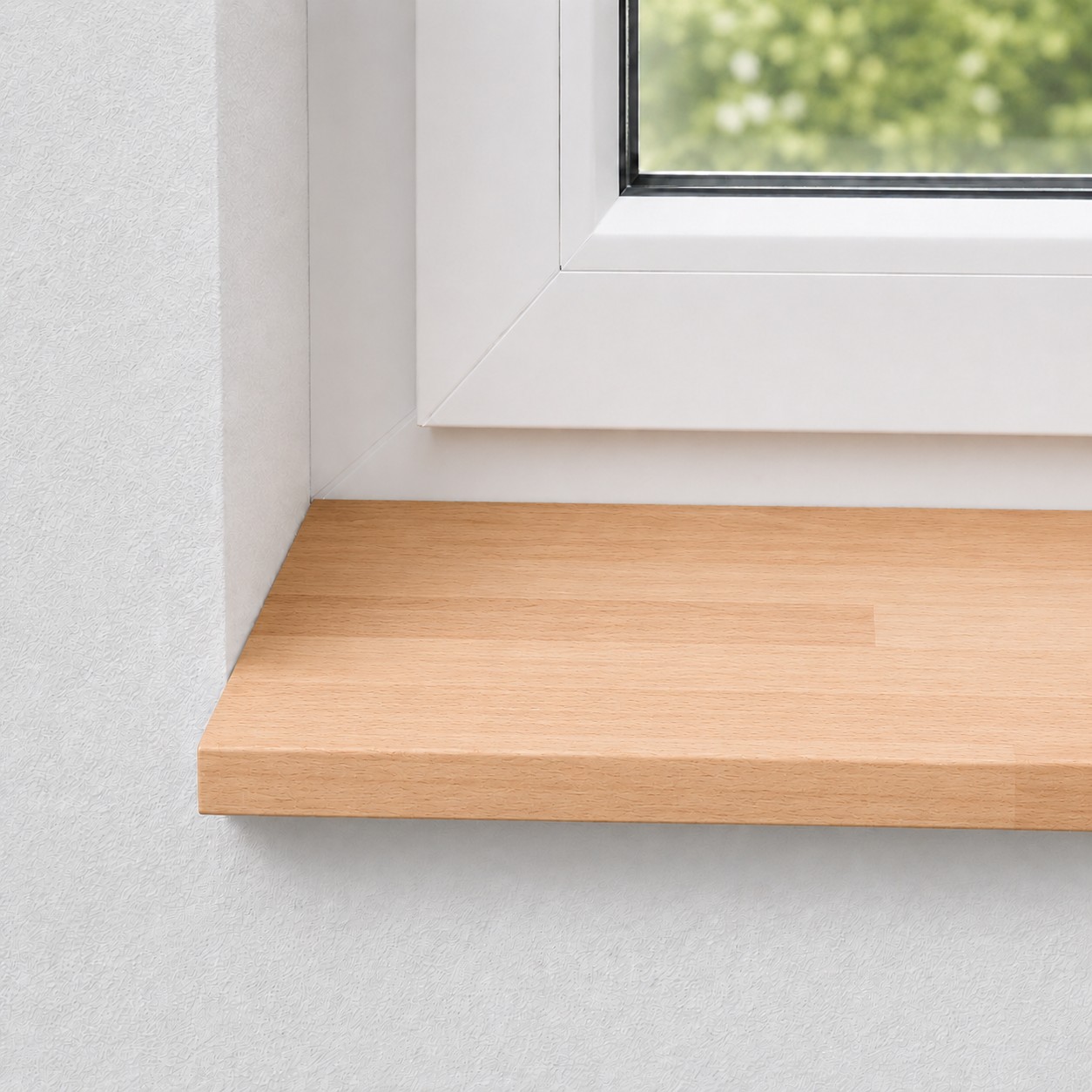 Fensterbank aus massiver, gedämpfter Buche mit keilgezinkten Lamellen