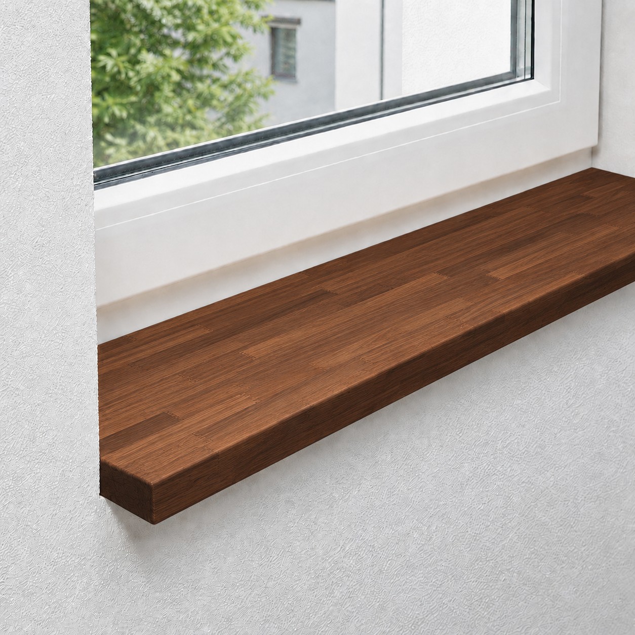 Fensterbank aus massiver, gedämpfter Kernbuche mit keilgezinkten Lamellen