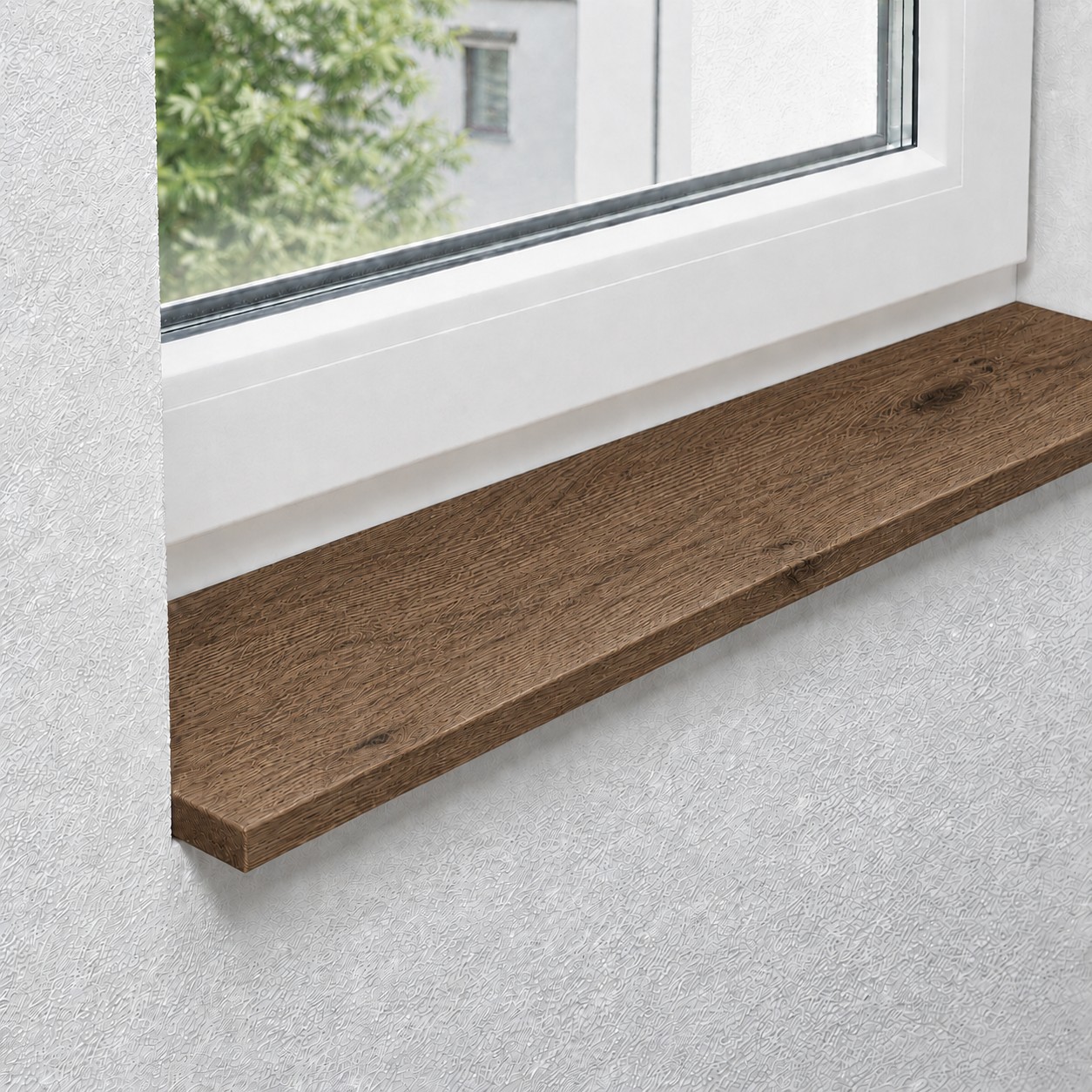 Fensterbank aus massiver, rustikaler Wildeiche mit durchgehenden Lamellen